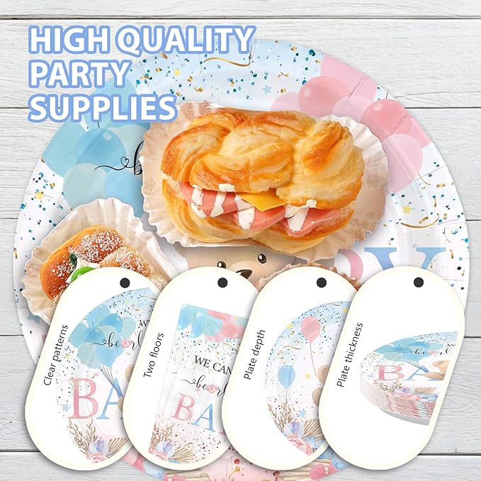 96Pcs Bear Baby Shower Party Decorations Pink Blue Boho Bear Birthday Plates and Napkins Tableware Sets for Girls Boys Baby Shower Gender Reveal Fall Wedding Birthday Holiday Party Supplies Serves 24