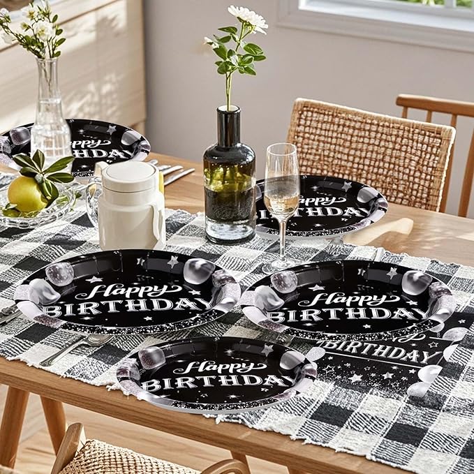 96Pcs Black and Silver Birthday Party Supplies Black and Silver Plates Disposable 350GSM Black White Tableware Set Black Birthday Party Decorations for Men Women Glitter Birthday Party Favor,Serve 24