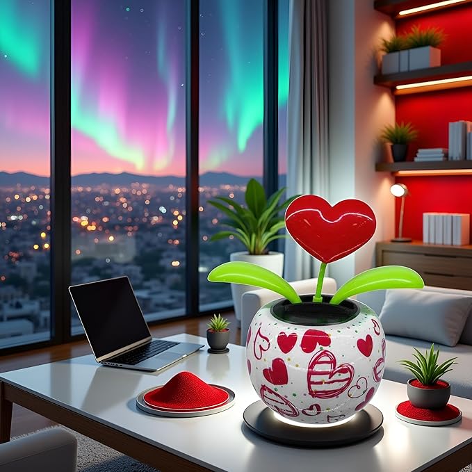 Red Solar Powered Dancing Figurines Toy - Solar Dance Flower, Shaking Head Ornament Car Dashboard Decoration Gift for Fun and Relaxation,Heart Swing Dancing Flower in Pots, Learning and Education