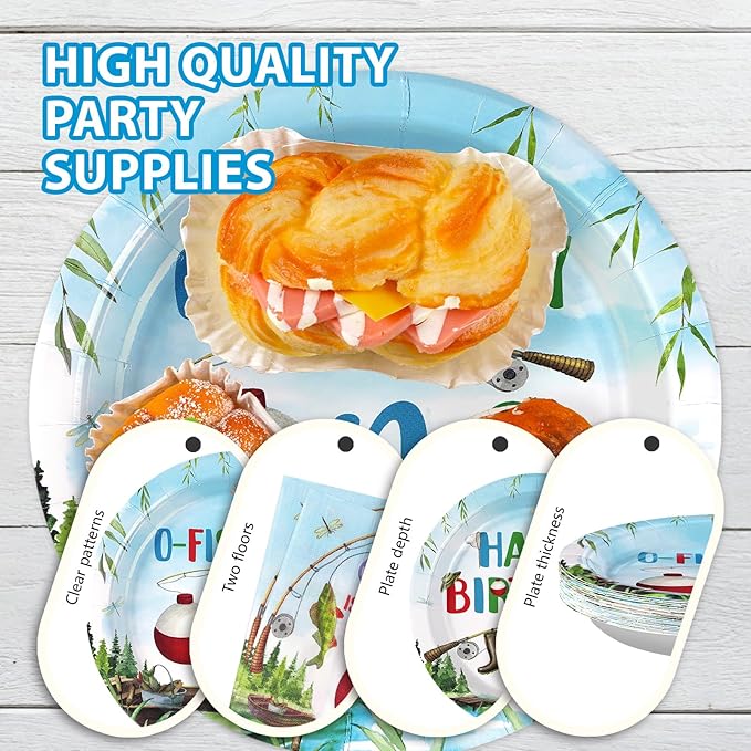 Grencian 96 Pcs Ofishally One Birthday Decorations Gone Fishing 1st Party Plates and Napkins Tableware Set O Fishally One First Birthday Decorations for Boys Little Fisherman 1st Baby Shower Serves 24
