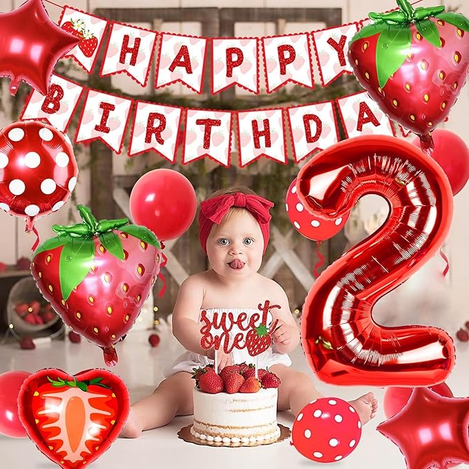 Berry 2nd Birthday Party Supplies,Berry 2nd Birthday Balloon for Strawberry 2nd Birthday Decorations Strawberry Foil Balloons Birthday Party Decorations for Girls