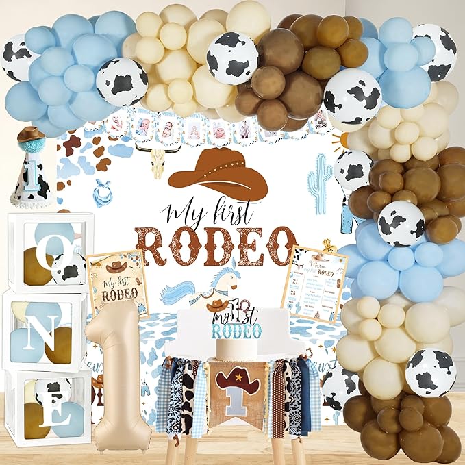 Cowboy 1st Birthday Party Decorations, My First Rodeo Party Supplies, Cowboy 1st Bday Balloon Arch Balloon Box Photo Banner Highchair Banner Crown