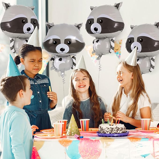Raccoon Balloons - 6 Pcs Cute Foil Balloons for Woodland Animal Themed Party, Camping, Birthday, Baby Shower