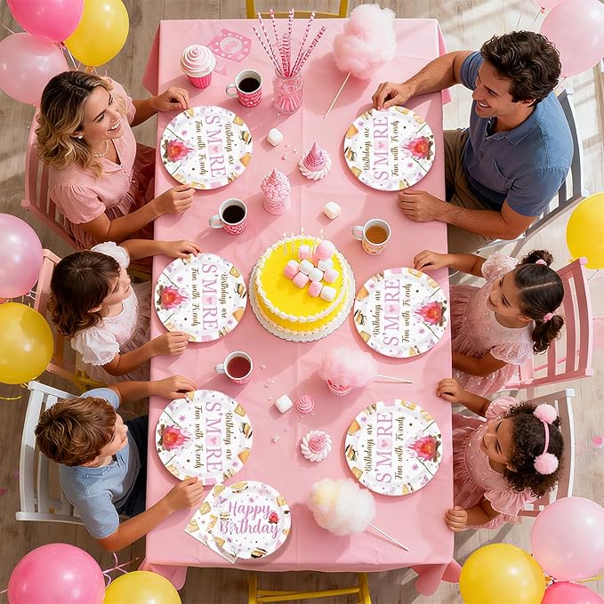 96Pcs S'mores Camping Birthday Decorations Birthdays Are S’more Fun with Friends Plates and Napkins Pink Camping Theme Tableware Set for Girls Camper Campfire Bonfire Birthday Party Supplies Serves 24