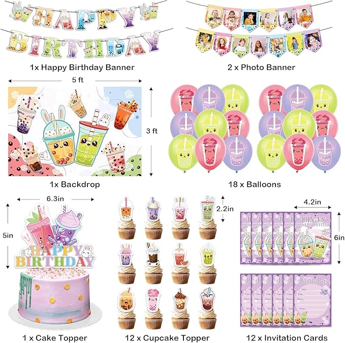 Boba Tea Party Supplies Complete Set, Bubble Tea Birthday Decorations Kit with Cartoon Banner Backdrop, Adorable Cake Toppers, Colorful Balloons, Invitation Cards for Girls Themed Party Decor