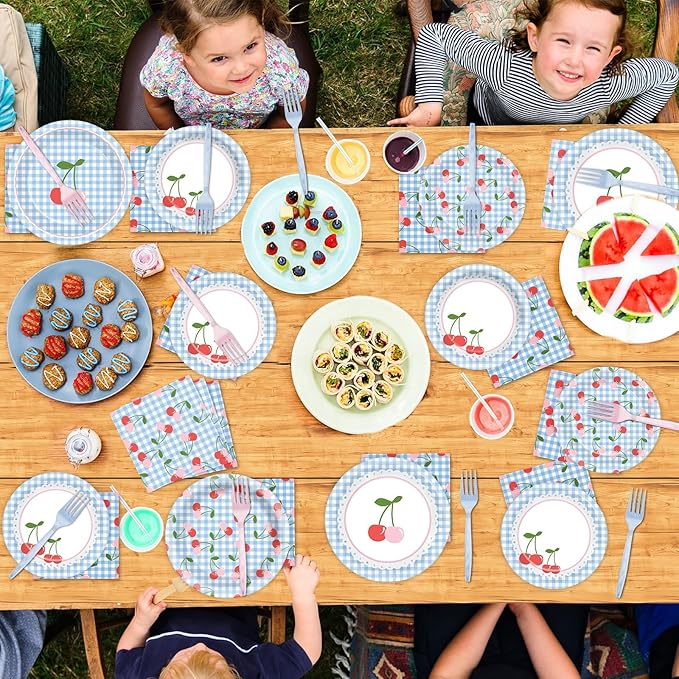 96Pcs Cherry Birthday Party Decorations Cherry Plates and Napkins Blue Checked Paper Plates Cherries on Top Disposable Tableware for Baby Shower Bridal Bachelorette Supplies Cherries