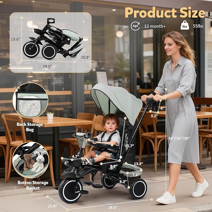Folding Kids Tricycle, 8 in 1 Toddler Trike W/Removable & Adjustable Canopy, Parent Handle, 5-Piont Harness, Toddler Bike Tricycle for Kids 1-6 Years, EVA Wheels, Storage Basket, Green