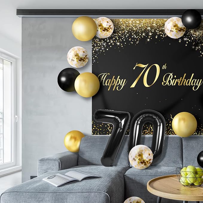 Happy 70th Birthday Balloons Black Set Decor - Cheers to 70 Years Old Party Theme Garland Banner Backdrop Decorations For Women and Men Supplies