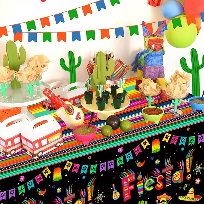 Mexican Fiesta Party Tablecloth Set, 3pcs, 107.8''x54'', Multicolored, Striped with Letters, Cinco de Mayo, Mexican Themed Birthday Party Decorations