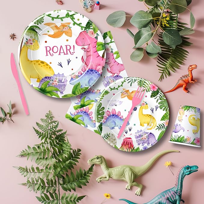 Dinosaur Party Decorations Tableware For Girl Birthday Baby Shower, Pink Dino Dinosaur Birthday Party Supplies, Paper Plate, Cup, Napkin, Disposable Fork , 24 Guests