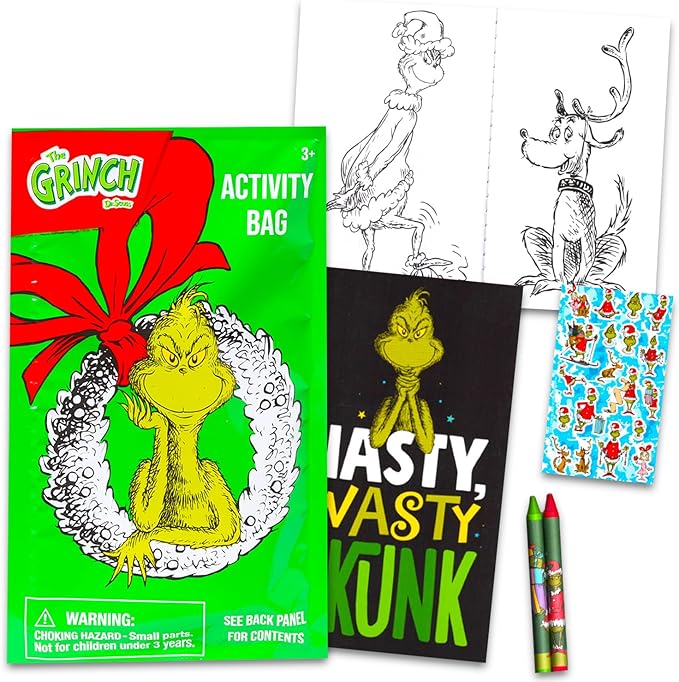 Dr. Seuss Grinch Birthday Party Favors Stocking Stuffers Set - Bundle with 24 Grinch Play Packs for Christmas Party Supplies | Mini Coloring Books, Stickers, and More for Goodie Bags