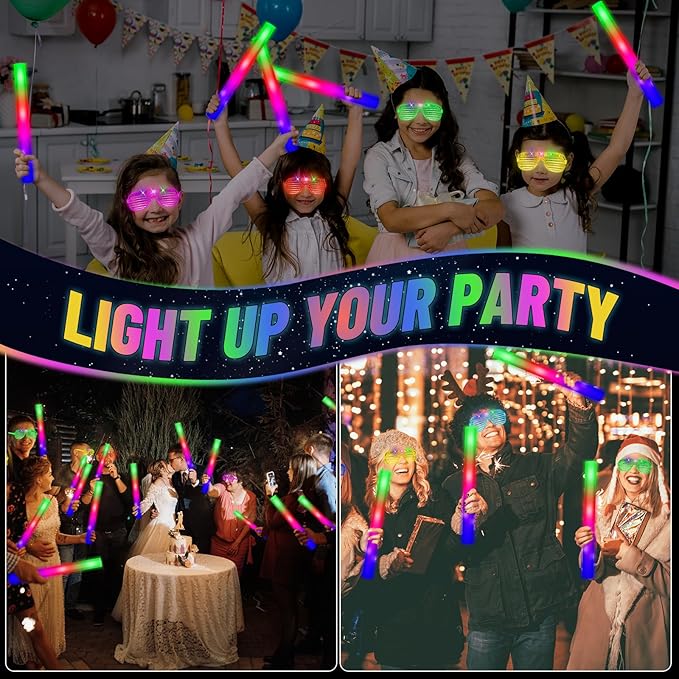 Glow Sticks Bulk Party Pack, 60 Pcs: Light Up Glasses, Foam Glow Sticks, Neon Accessories, Glow in the Dark Party Supplies Set for Disco, Wedding, Birthday, Concert, Halloween, Raves