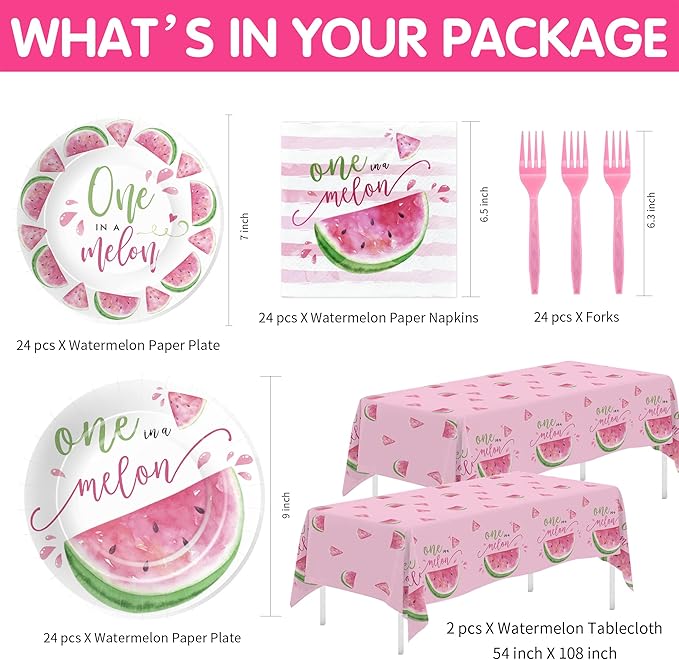 APOWBLS One In A Melon Party Decorations Tableware, Watermelon Party Supplies For 1st Birthday, Plate, Napkin, Tablecloth, Fork, Watermelon First Birthday Plates & Napkins Party Decorations | Serve 24