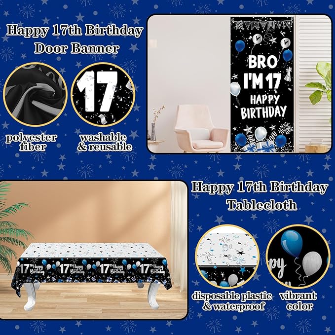 17th Birthday Decorations for Boys Girls, Dark Blue 17 Year Old Bday Decorations with Happy 17th Birthday Banner Backdrop Tablecloth, Party Supplies with 17 Balloon Numbers, Triangle Flag, Foil Stars