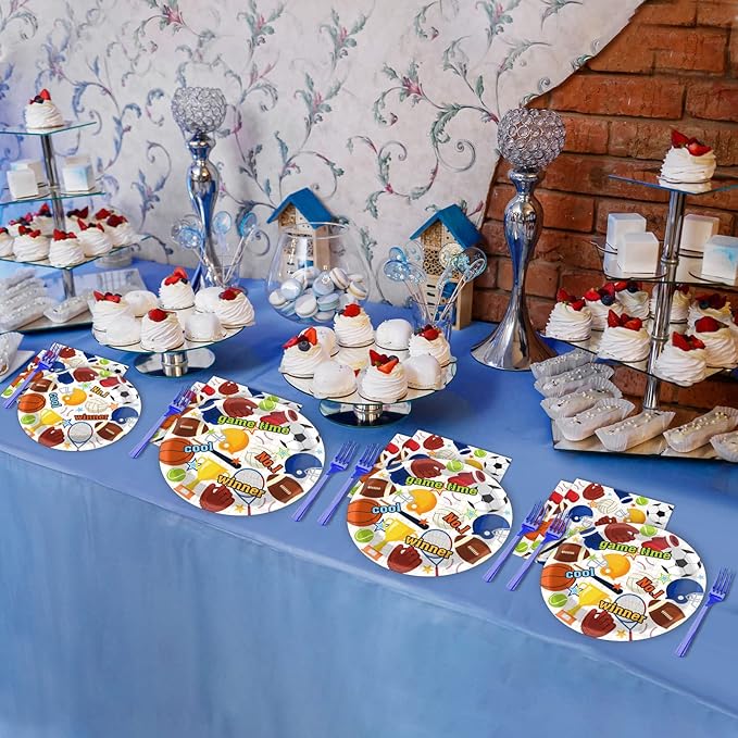 Tevxj 96PCS Sports Birthday Tableware Set Superstar Dinnerware Disposable All Star Birthday Party Plates Napkins Forks for Basketball Baseball Soccer Party Decorations Supplies 24 guests