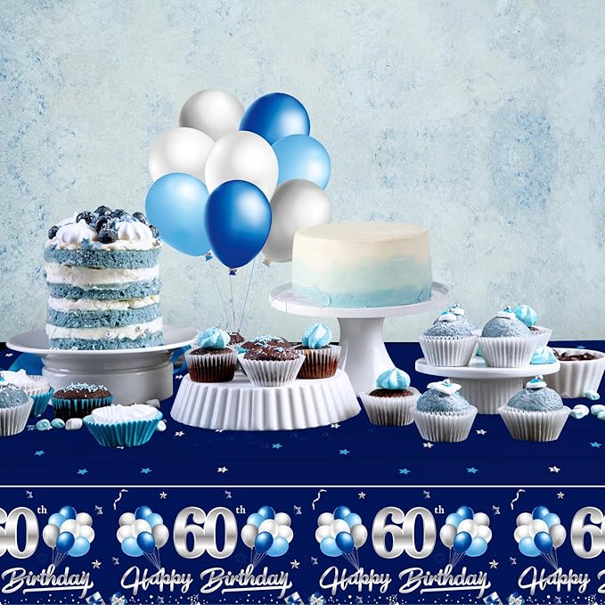 3 Pack Blue Silver 60th Birthday Tablecloth Decorations for Men, Navy Blue Happy 60 Table Cover Party Supplies, Sixty Years Old Birthday Disposable Table Cloth for Indoor Outdoor