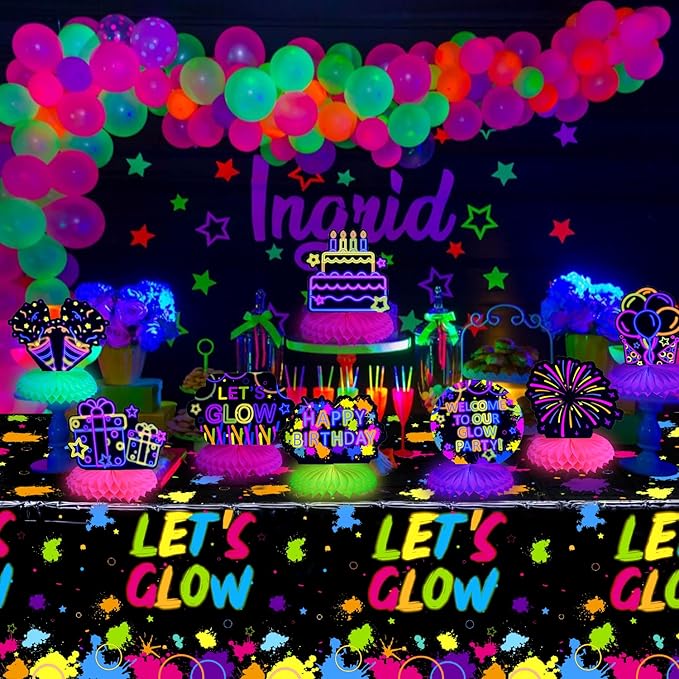 10 Pieces Glow in The Dark Party Table Decorations, Neon Table Honeycomb Centerpiece and Let's Glow Tablecloths Set - Black Light Table Topper Neon Decorations for Kids Glow in Dark Party Supplies