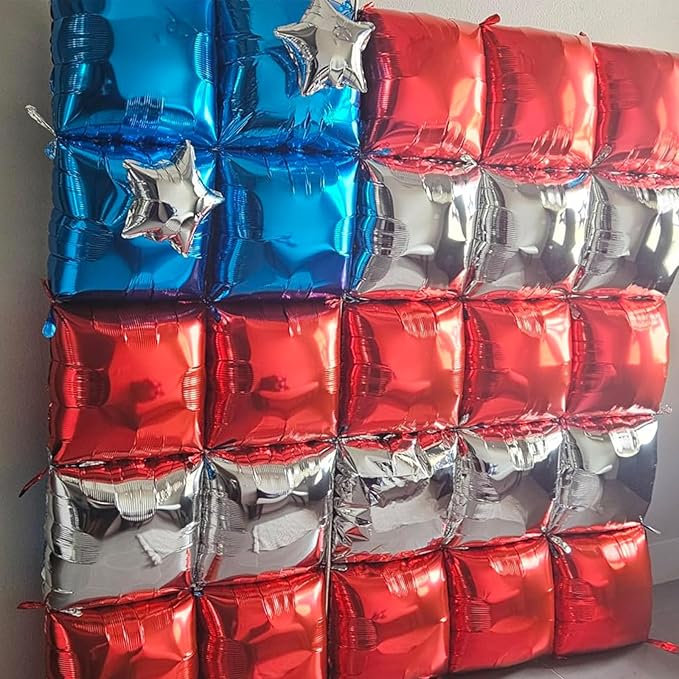 Red Blue Silver Square Foil Balloon Wall,25Pcs Double Sided Balloons Backdrop Helium Balloon Tunnel Arch Garland Kit for 4th of July Independence Patriotic Birthday Anniversary Usa Party Decorations