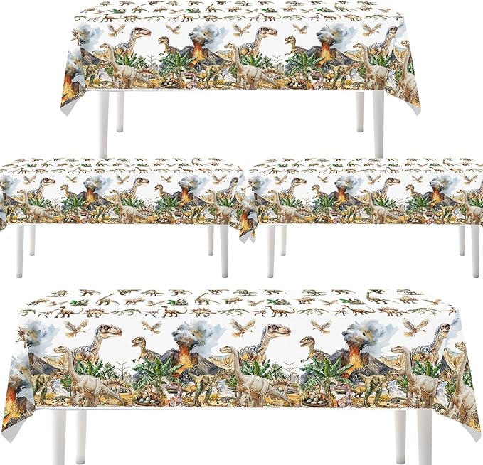 4ps Dinosaur Tablecloths Dinosaur Party Table Covers Dino Birthday Decorations Jungle T-rex Dino Disposable Plastic Table Cloth for Kids Adults Bday Party Picnic Supplies Decor(Dino White)