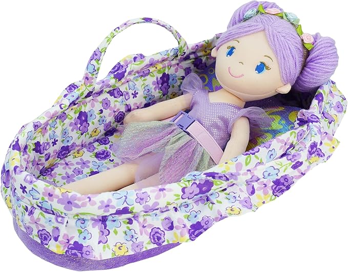 June Garden Cozy Dream Doll Bassinet - Baby Doll Portable Carrier - Fits for American Girl Dolls up to 18" - Soft Pillow & Safety Buckle Included - Purple