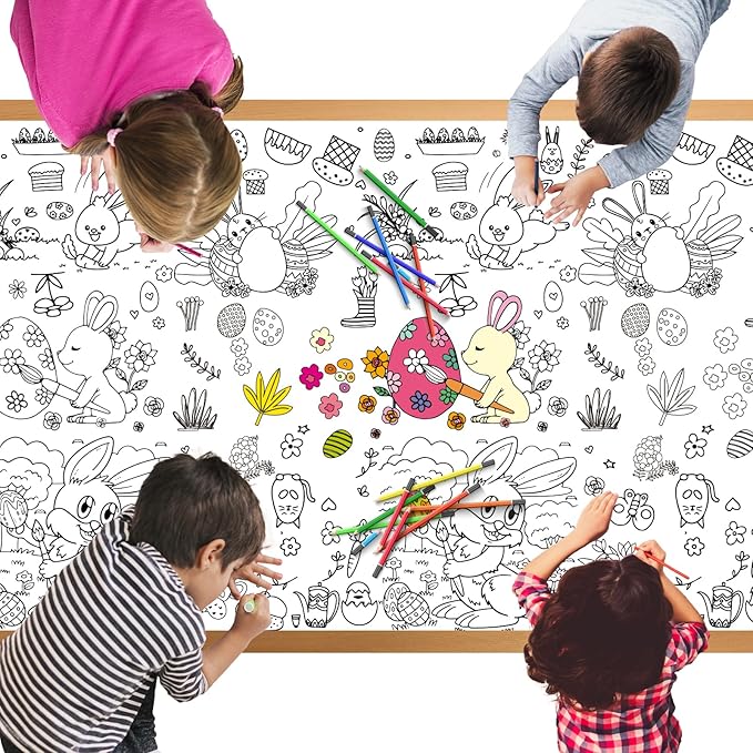Spring Easter Coloring Tablecloth for Kids: 72x30 Inch Activity Poster Crafts, Classroom Game, Spring and Easter Paper Table Cloth & Cover, Bunny & Egg Tablecloth Banner Party Supplies Decoration