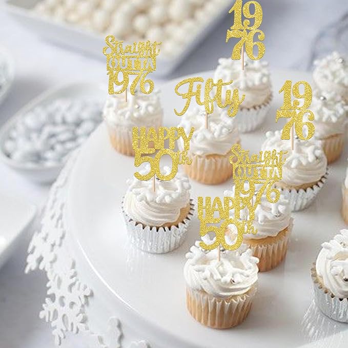 30PCS Happy 50th Birthday Cupcake Toppers Gold Glitter Fifty Straight Outta 1976 Cupcake Picks Cheers to 50 Years Cake Decorations for 50th Birthday Anniversary Party Decoration Supplies