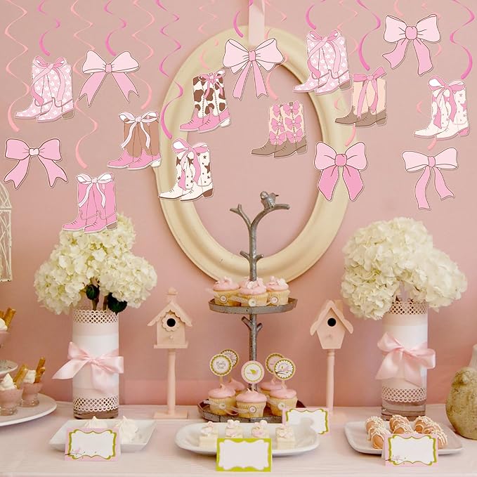 Cowgirl Coquette Hanging Swirls 20PCS Boots and Bows Hanging Decorations Pink Western Cowgirls Party Decorations Cowgirl Boots Hanging Streamers for Coquette Birthday Party Supplies