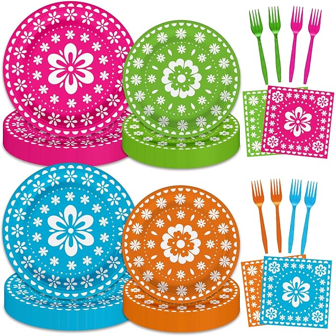 96 Pcs Mexican Fiesta Party Supplies Set, Serves 24 – Colorful Papel Picado Floral Paper Plates, Napkins, and Forks, Disposable Tableware for Cinco de Mayo, Birthday, and Fiesta Themed Decorations