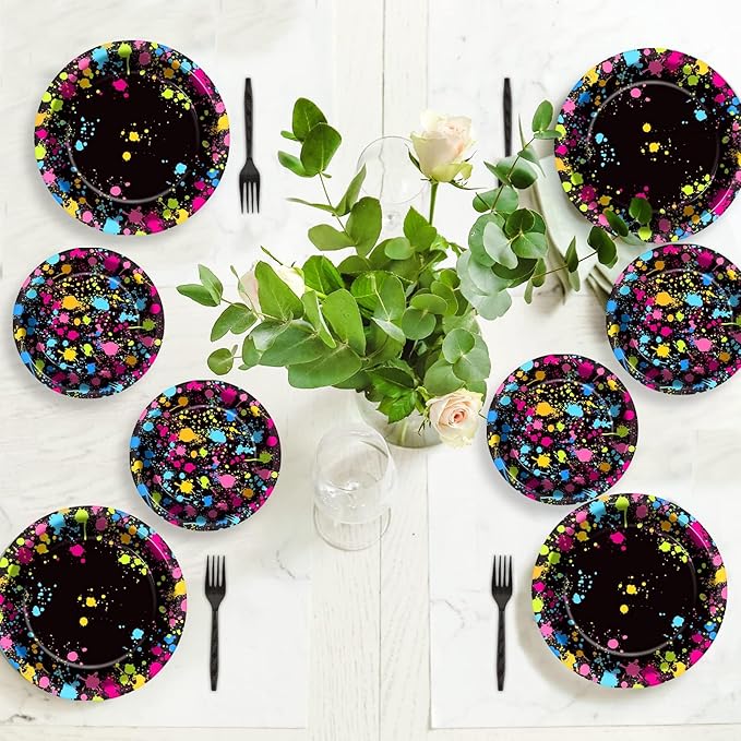 gisgfim 48 Pcs Neon Plates Party Supplies Glow Birthday Party Decorations Glow in Dark Paper Dessert Plates Disposable Neon Theme Birthday Graffiti Party Supplies Decoration Favors