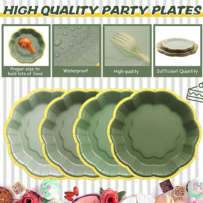 Vesici 144 Pcs Sage Green Party Plates with Napkins 9 Inch 7 Inch Paper Plates and Disposable Napkins with Gold Foil Border for Tea Birthday Bridal Baby Shower Wedding Party Supplies