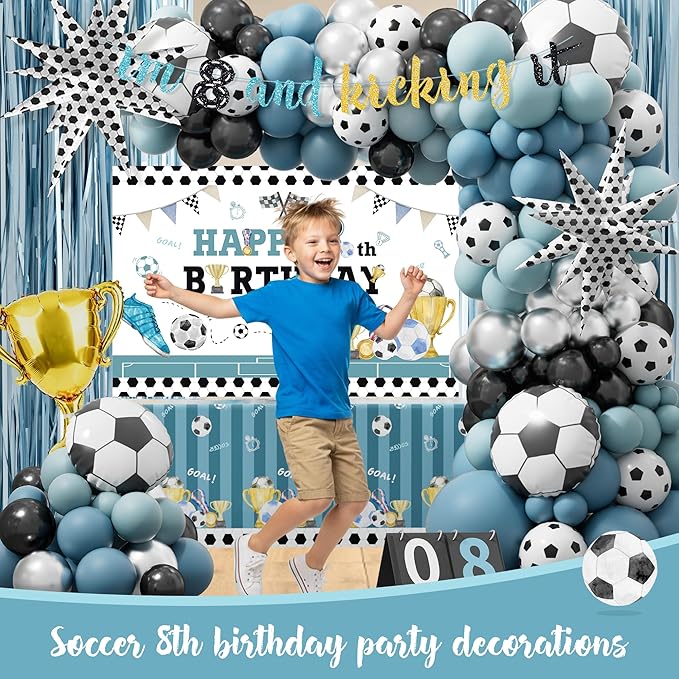 Soccer 8th Birthday Party Decorations Kit for Boys Soccer Birthday Party Supplies Set Soccer Football Party Decor with Backdrop Tablecloth Cake and Cupcake Toppers for 8-Year-Old Kids Boys Party Decor