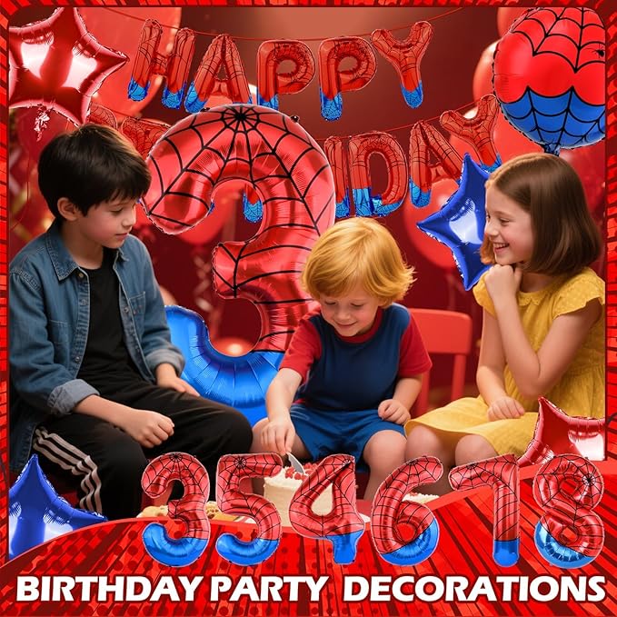 Spider Themed Happy Birthday Banner Party Decorations Set Including 40 Inch Number 3 Foil Balloons, Themed Party Essentials, Colorful Superhero Backdrop Supplies for Boys Indoor Outdoor Celebration