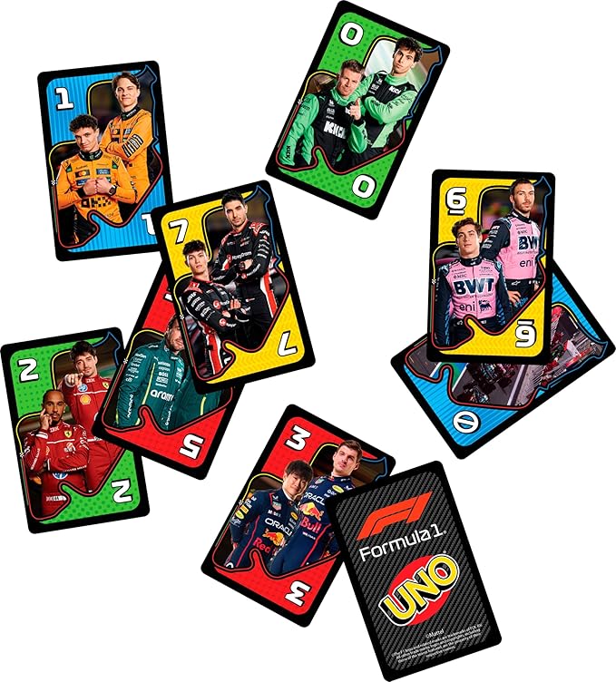Mattel Games UNO F1 Card Game for Kids, Families, Travel & Camping, Deck Features Images from The World of Formula 1 Racing