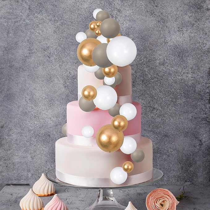 Gyufise 30Pcs Ball Cake Toppers Balls Cupcake Toppers Insert Foam Ball Cake Picks Mini Balloon Cake Decoration for Wedding Baby Shower Birthday Party Cake Decorations Supplies Dark Grey Gold White