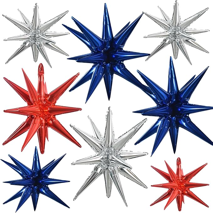 TONIFUL 8 Pcs Navy Blue Silver Red Foil Balloons Large Star Balloons Explosion Star Mylar Balloons for Independence Day Christmas New Year Birthday Wedding Baby Shower Anniversary Photo Booth Supplies