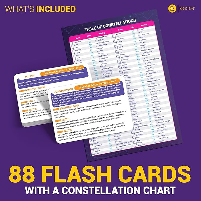 Briston Galactic Guide 88 Constellation Flashcards – Astronomy Learning Cards for Kids & Adults, Star Chart Study Set with Brightest Stars, Facts & Illustrations, Space Education Gift for Stargazers