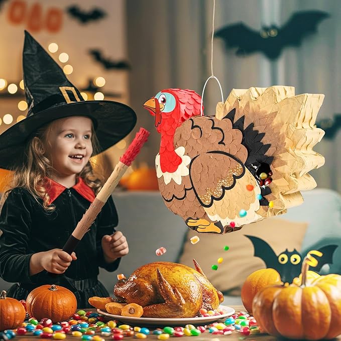 WERNNSAI Thanksgiving Turkey Piñata - Fall Autumn Decorations Wild Turkey Brown Piñata Thanksgiving Party Games for Family Fall Festival Decor Party Favors with Blindfold