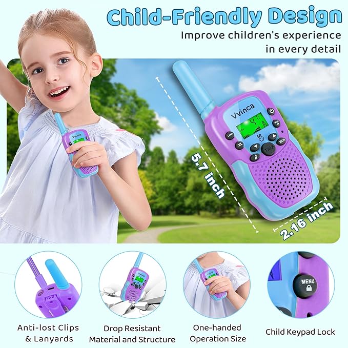 Vvinca Walkie Talkies for Kids Rechargeable 4 Pack, 3 Mile Walkie Talkie Long Range, Christmas Birthday Gift for Age 3-12 Boy Girl with Flashlight 22CH 2 Way Radio for Adventure Camping Outdoor Hiking