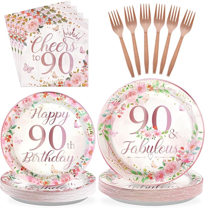 96 Pcs 90th Birthday Party Decorations for Women Rose Gold Floral 90th Birthday Plates and Napkins Tableware Sets 90 and Fabulous Party Supplies for 90 Years Old Birthday Party Favors Serves 24