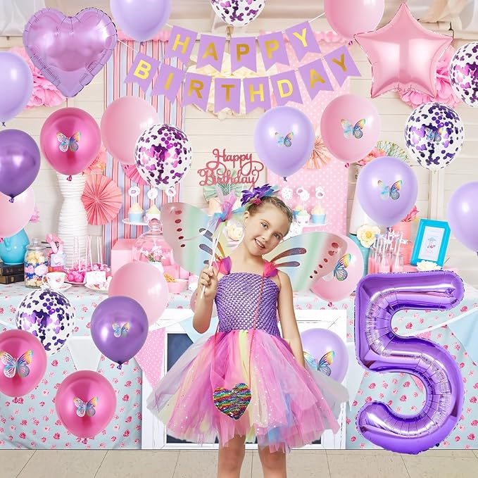 5th Pink Purple Birthday Decorations,Pink Purple 5th Birthday Balloons for Girls Lavender Party Decor Banner Number 5 Balloons Cake Topper Butterfly Party Decorations for 5 Year Old Girls