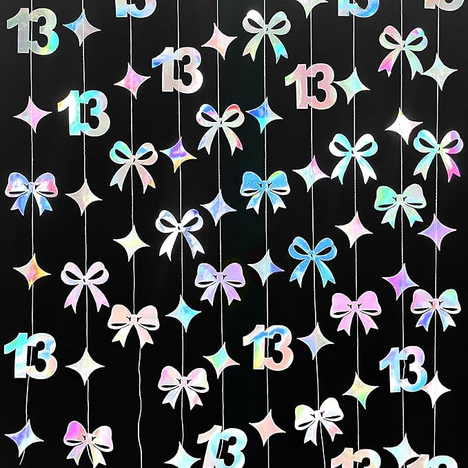Iridescent 13th Bow Birthday Decorations Glitter Conquette Bow Garland Streamer Banner Backdrop for Girls Boys Happy 13th Birthday Official Teenager Cheers to 13 Years Old Anniversary Party Supplies