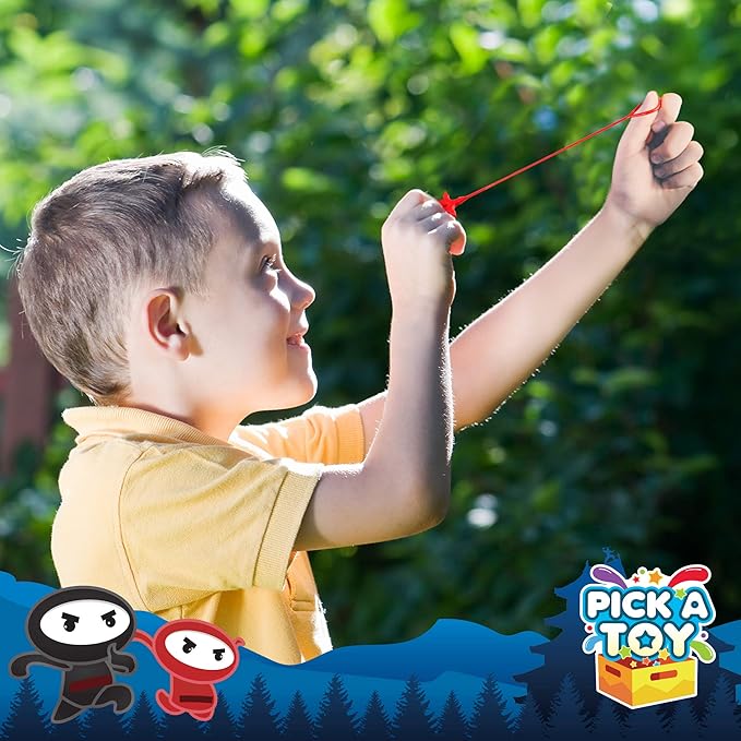 PICK A TOY Ninja Party Favors for Kids – 12 Pack Stretchy Flying Ninjas, Sticky Slingshot & Throwing Stars Toys – Goodie Bag Stuffers, Classroom Prizes, Easter Basket Egg Filler