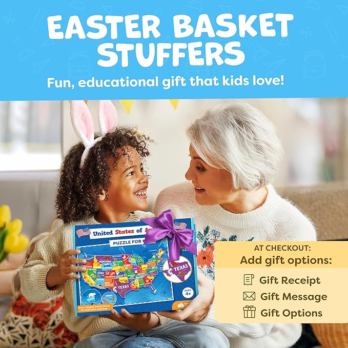 United States Puzzles for Kids Ages 4-6 - Educational Toys for Boys, Girls - 70pc USA Map Kids Puzzle - 50 States & Capitals - Floor Jigsaw Puzzles, Learning Activities, Easter Gifts for Kids