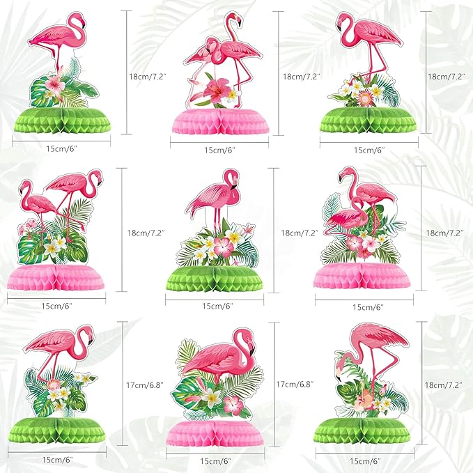 Funtery 9 Pcs Flamingo Centerpieces for Tables Hawaii Luau Honeycomb Centerpieces Flamingo Party Decorations Tropical Aloha Party Table Topper for Kid Birthday Party Supplies Table Decoration