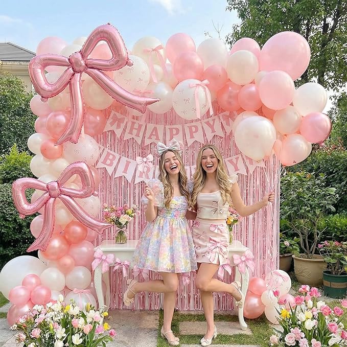 Pink Bow Party Decorations - Coquette Birthday Decorations Include Banner Pearl Pink White Printed Balloons Metallic Tinsel Foil Fringe Curtains Ribbon Bow Theme Supplies for Girls Bachelorette Decor