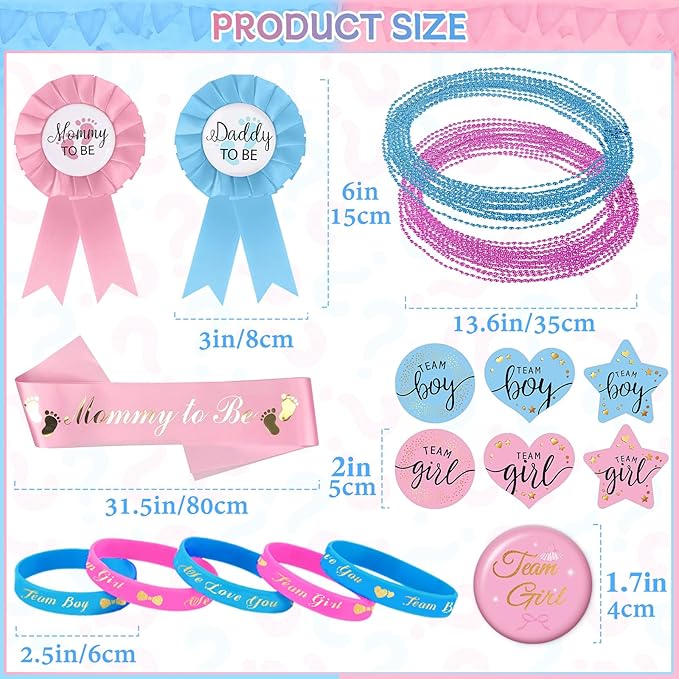 Bluegogo 202 Pcs Baby Gender Reveal Party Supplies Favors Boy or Girl, Gender Reveal Ideas Gender Reveal Games Supplies, Baby Gender Reveal Bracelets, Team Boy Girl Button Pins