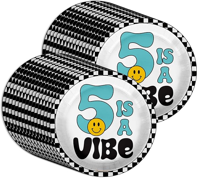 Five is a Vibe Smiley Face Fifth Birthday - 32 Piece Disposable Party Supplies - Decorations for Boy's 5th Birthday Round Party Plates - Large 9" Paper Plates In Bulk