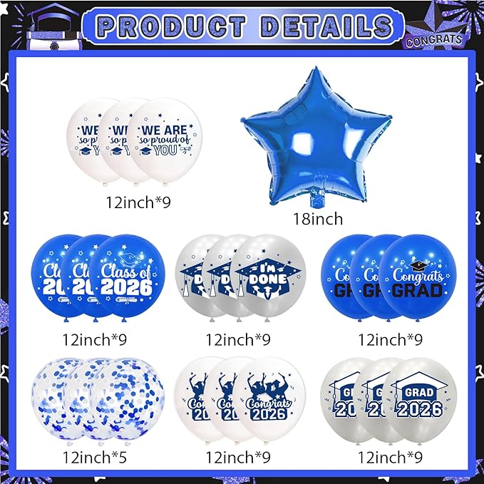 Graduation Balloons Class of 2026: 69Pcs Blue Sliver Balloons for College High School Class of 2026 Graduation Party Decorations -12 Inch