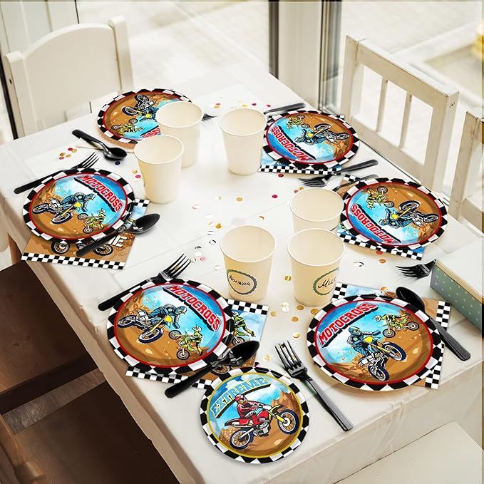 96 Pcs Dirt Bike Motocross Party Tableware Set - Serves 24, Includes Plates, Napkins, Decorations for Boys' Birthday or Baby Shower