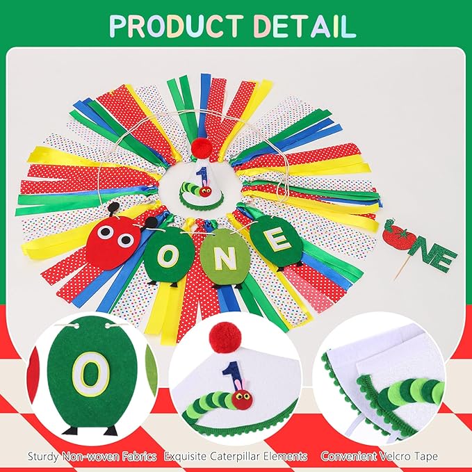 Hungry Caterpillar Highchair Banner for Baby First Birthday Party Decorations Green One Caterpillar High Chair Tassel Garland for Boys Girls Fruit 1st Birthday Photo Props Backdrop Decors